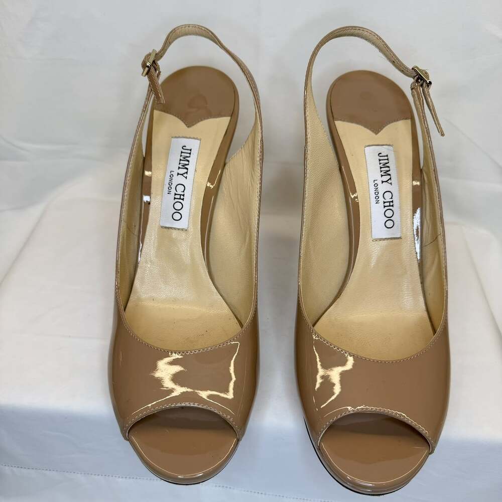 Jimmy Choo Nova 100 Nude Patent Leather Peep Toe Slingback Heels 41.5 Box - Picture 7 of 13